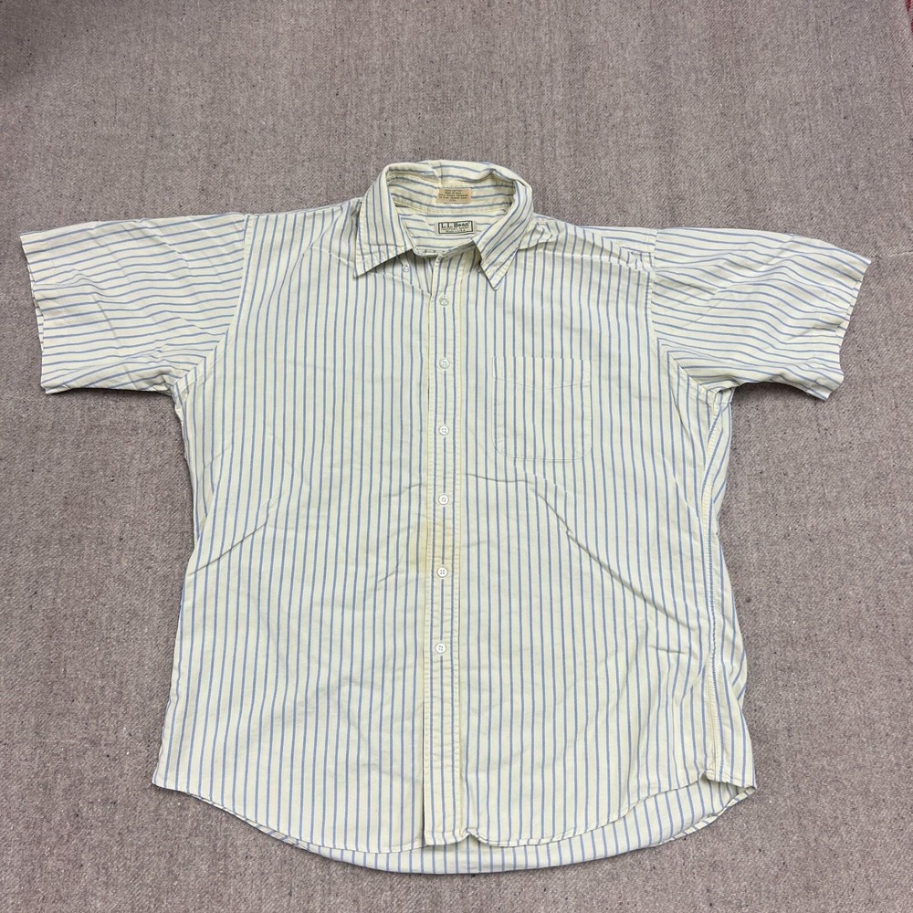 Vintage LL Bean Button Up Shirt Mens XL Yellow 80s Striped Short‎ Sleeve